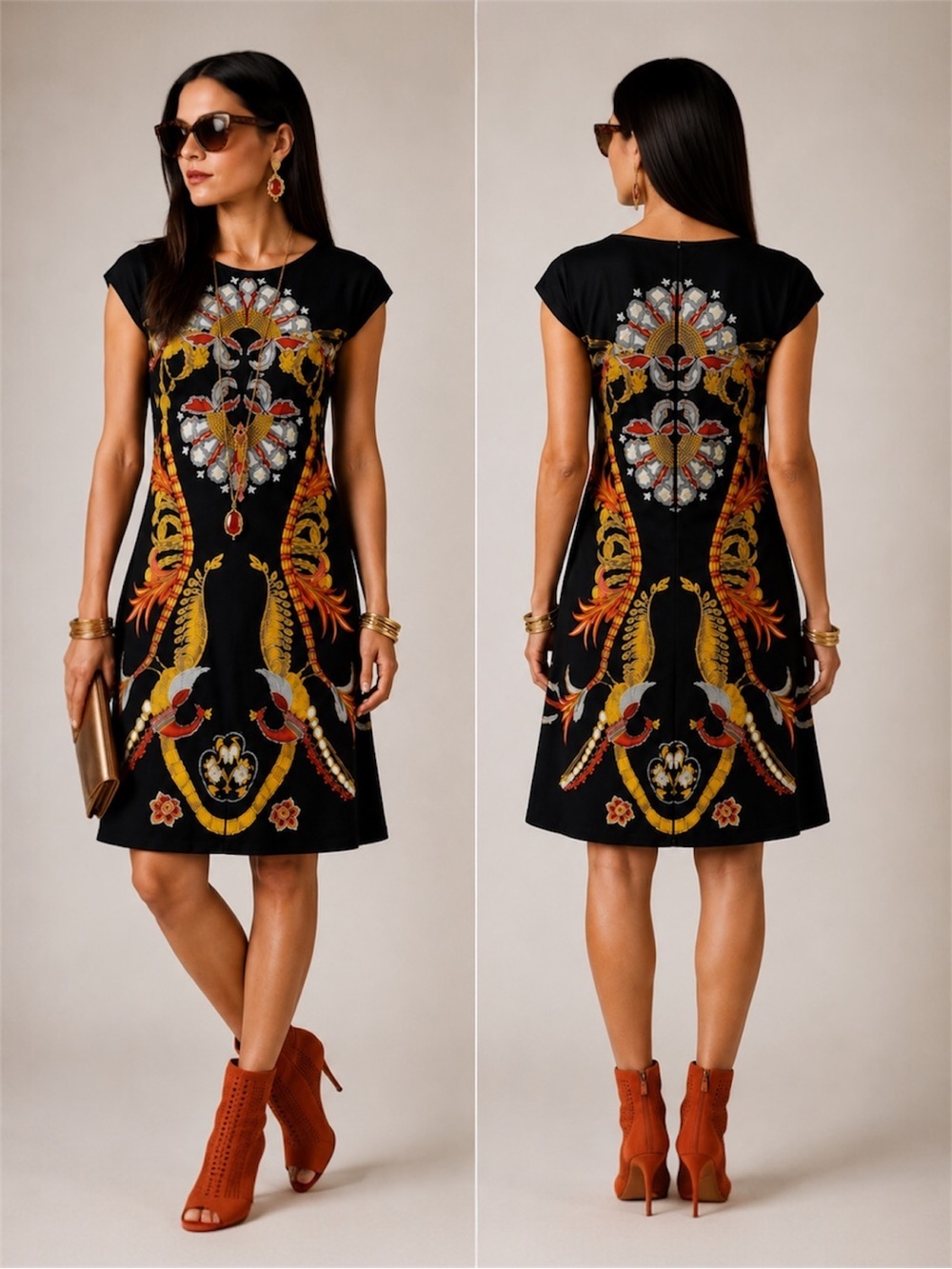 Eva Varro Sheath Dress | Black Phoenix Print | Women's Small Bohemian Maximalist